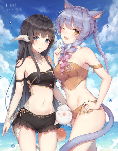Anime picture 1365x1747 with final fantasy final fantasy xiv square enix miqo'te au ra moogle ayuanlv long hair tall image looking at viewer blush fringe breasts open mouth blue eyes light erotic black hair smile hair between eyes standing