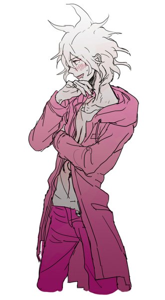 Anime picture 472x855 with dangan ronpa super dangan ronpa 2 komaeda nagito urahara single tall image blush short hair simple background smile white background profile grey hair open clothes open jacket spiked hair messy hair sketch boy jacket