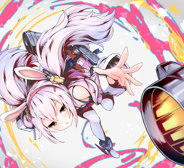 Anime picture 1830x1674 with azur lane laffey (azur lane) neme1228 single long hair looking at viewer blush fringe highres open mouth hair between eyes standing twintails animal ears payot white hair long sleeves from above open jacket orange eyes