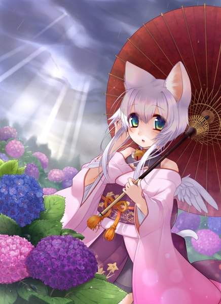 Anime picture 1068x1468 with original kazane chinya single long hair tall image looking at viewer short hair green eyes animal ears white hair japanese clothes cat ears cat girl girl flower (flowers) wings kimono leaf (leaves) umbrella bell