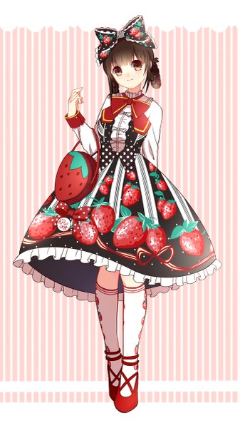 Anime picture 675x1200 with original pandako single long hair tall image looking at viewer fringe smile brown hair standing brown eyes braid (braids) twin braids striped lolita fashion striped background food print strawberry print sweet lolita girl