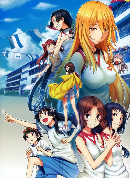 Anime picture 2564x3500 with to aru kagaku no railgun to aru majutsu no index j.c. staff misaka mikoto shirai kuroko shokuhou misaki saten ruiko uiharu kazari fuyukawa motoi long hair tall image highres short hair open mouth black hair blonde hair smile brown hair twintails bare shoulders