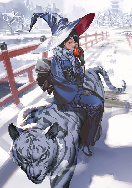 Anime picture 780x1108 with original mogumo single tall image short hair open mouth black hair full body outdoors traditional clothes japanese clothes shadow winter snow new year riding footprints girl gloves hat