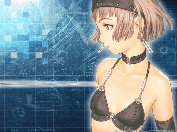 Anime picture 1024x768 with futuregraph range murata single short hair breasts light erotic brown hair bare shoulders upper body parted lips profile scan orange eyes third-party edit bob cut leather girl swimsuit earrings bikini