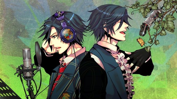 Anime picture 1024x576 with uta no prince-sama a-1 pictures ichinose tokiya ichinose hayato short hair open mouth smile wide image blue hair eyes closed profile aqua eyes aqua hair multiple boys looking down happy twins back to back green background singing