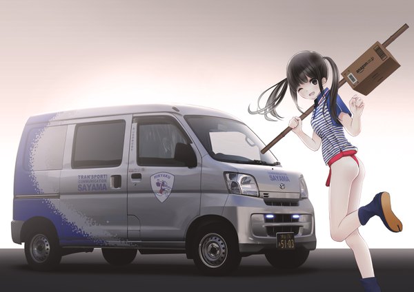 Anime picture 1653x1169 with original chikuwa (odennabe) long hair blush open mouth light erotic black hair twintails ass one eye closed wink black eyes girl ground vehicle car box van