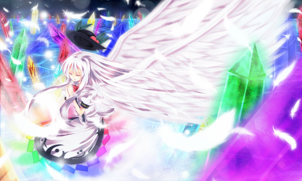 Anime picture 1960x1176 with touhou hinanawi tenshi aru gunsou single long hair highres wide image white hair eyes closed alternate color girl dress hat wings feather (feathers) crystal