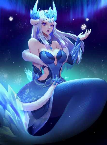 Anime picture 1151x1558 with league of legends nami (league of legends) winter wonder nami kezi single long hair tall image breasts blue eyes light erotic large breasts sitting silver hair monster girl forehead mark snowflake print aurora borealis girl detached sleeves crown