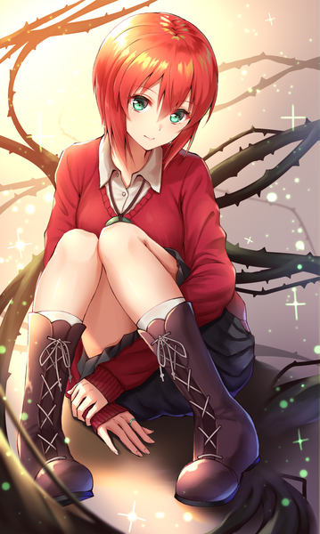 Anime picture 1188x1985 with mahou tsukai no yome wit studio hatori chise toki (toki ship8) single tall image blush fringe short hair smile hair between eyes sitting green eyes payot looking away full body red hair pleated skirt sparkle girl