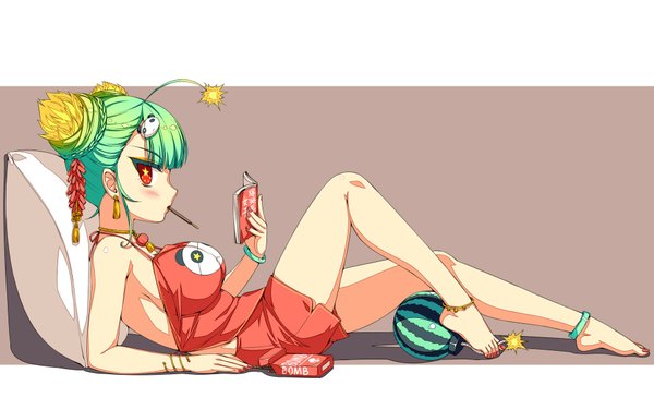 Anime picture 1920x1200 with original suisui (honihoni) honihoni looking at viewer blush highres short hair breasts red eyes wide image large breasts nail polish profile barefoot green hair red nail polish toenail polish girl dress bracelet