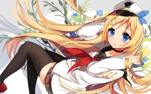 Anime picture 1280x800 with warship girls r saratoga (warship girls r) bison cangshu single looking at viewer blush blue eyes blonde hair very long hair pleated skirt from above :o zettai ryouiki floating hair floral background girl thighhighs skirt uniform hair ornament