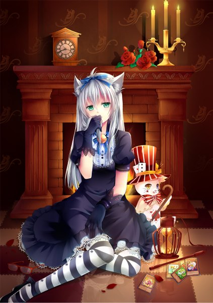 Anime picture 853x1209 with original gyaza long hair tall image looking at viewer green eyes animal ears white hair cat ears girl dress gloves ribbon (ribbons) hair ribbon animal glasses cat card (cards) candle (candles) fireplace
