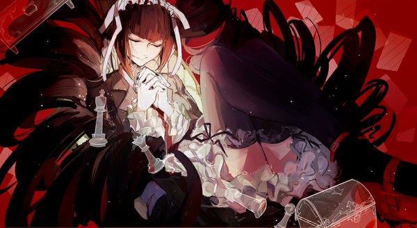 Anime picture 1000x547 with dangan ronpa celestia ludenberg cookon single black hair smile wide image twintails eyes closed very long hair drill hair embryo's pose girl thighhighs skirt black thighhighs shirt necktie frills headband