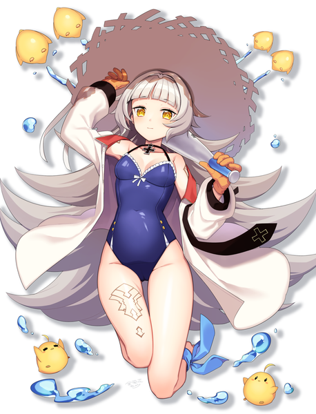 Anime picture 1244x1628 with azur lane manjuu (azur lane) z46 (azur lane) z46 (first summer) (azur lane) kinsenka momi single long hair tall image looking at viewer blush fringe breasts light erotic simple background white background bare shoulders holding signed yellow eyes payot