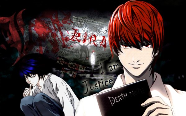 Anime picture 1280x800 with death note madhouse yagami light l (death note) ryuk short hair smile red eyes wide image blue hair red hair black eyes boy notebook