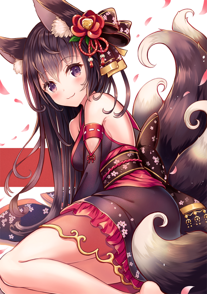 Anime picture 1061x1500 with original sakura ani single long hair tall image looking at viewer blush fringe simple background smile hair between eyes brown hair sitting purple eyes bare shoulders animal ears tail traditional clothes japanese clothes animal tail
