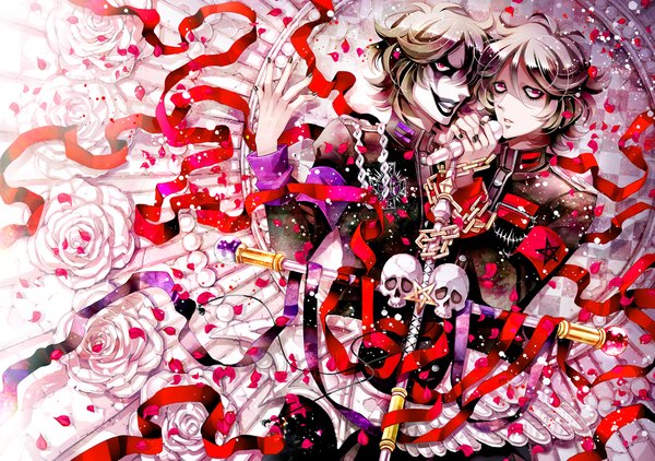 Anime picture 1100x775 with spree killer (manga) clyde coen (spree killer) venom (spree killer) naki ringo looking at viewer short hair black hair smile red eyes brown hair nail polish multiple boys couple angel wings bat wings twins face paint checkered background singing boy