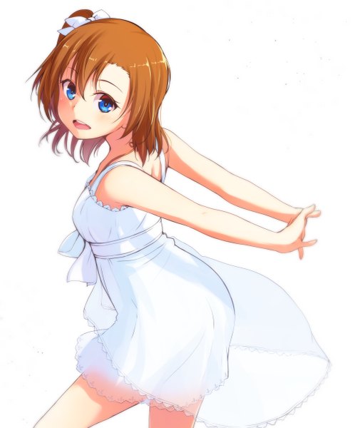 Anime picture 997x1200 with love live! school idol project sunrise (studio) love live! kousaka honoka nanotsuki single tall image looking at viewer fringe breasts open mouth blue eyes simple background smile standing white background bare shoulders head tilt orange hair teeth