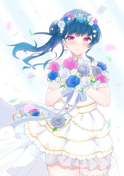 Anime picture 2481x3508 with love live! sunshine!! sunrise (studio) love live! tsushima yoshiko shijimin single long hair tall image looking at viewer blush fringe highres simple background smile standing white background holding payot blue hair pink eyes