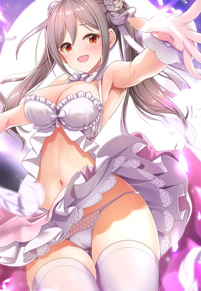 Anime picture 900x1300 with idolmaster idolmaster cinderella girls idolmaster cinderella girls starlight stage kanzaki ranko kazu single long hair tall image looking at viewer blush fringe breasts open mouth light erotic smile hair between eyes red eyes large breasts standing twintails