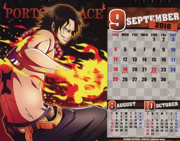 Anime picture 2320x1817 with one piece toei animation one piece body calendar 2016 portgas d. ace single highres short hair black hair smile profile black eyes scan tattoo character names topless freckles calendar 2016 boy beads flame