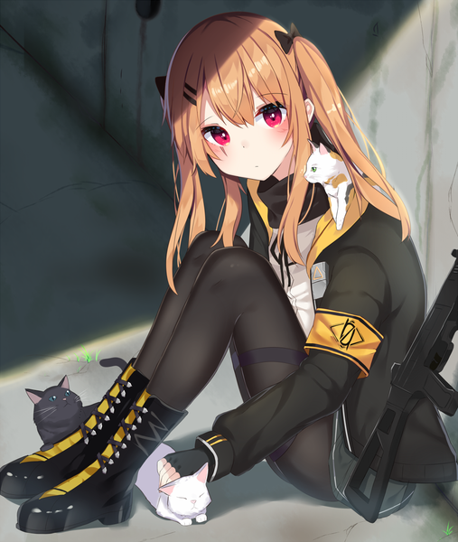Anime picture 1000x1184 with girls frontline ump9 (girls frontline) mizuki ryuu single long hair tall image looking at viewer blush fringe hair between eyes red eyes brown hair sitting twintails payot full body head tilt open jacket shadow scar
