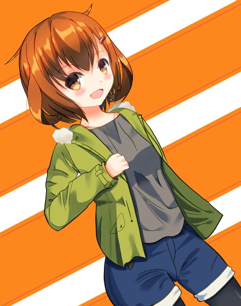 Anime picture 754x956 with kantai collection ikazuchi destroyer ten nen mizu single tall image looking at viewer blush fringe short hair open mouth brown hair standing holding brown eyes ahoge :d open jacket happy arm behind back orange background