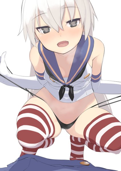 Anime picture 1013x1432 with kantai collection shimakaze destroyer level.21 single long hair tall image looking at viewer blush open mouth light erotic simple background blonde hair white background grey eyes no shoes zettai ryouiki symbol-shaped pupils squat girl thighhighs