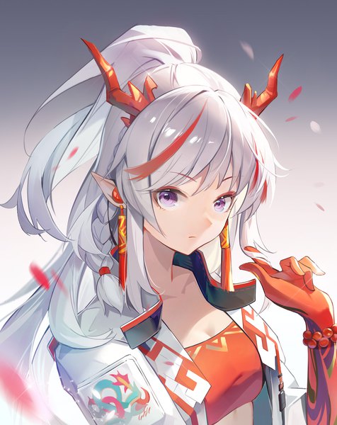 Anime picture 1808x2280 with arknights nian (arknights) uza single long hair tall image highres purple eyes silver hair upper body ponytail horn (horns) pointy ears playing with hair hair twirling girl earrings
