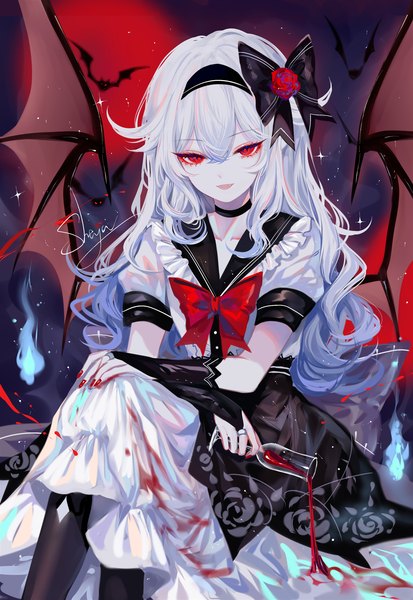 Anime picture 1378x2000 with original sheya single long hair tall image looking at viewer fringe open mouth hair between eyes red eyes sitting holding signed silver hair bent knee (knees) nail polish fingernails blurry short sleeves fang (fangs)