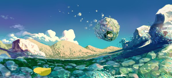 Anime picture 2500x1137 with original yuliuyang single blush highres short hair black hair wide image green eyes sky cloud (clouds) mountain landscape boy flower (flowers) plant (plants) water leaf (leaves) water drop stone (stones)