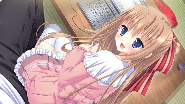 Anime picture 1280x720 with onii-chan migite no shiyou wo kinshi shimasu! imoo yuki long hair looking at viewer blush open mouth blue eyes brown hair wide image sitting game cg loli girl thighhighs dress bow hair bow white thighhighs laptop