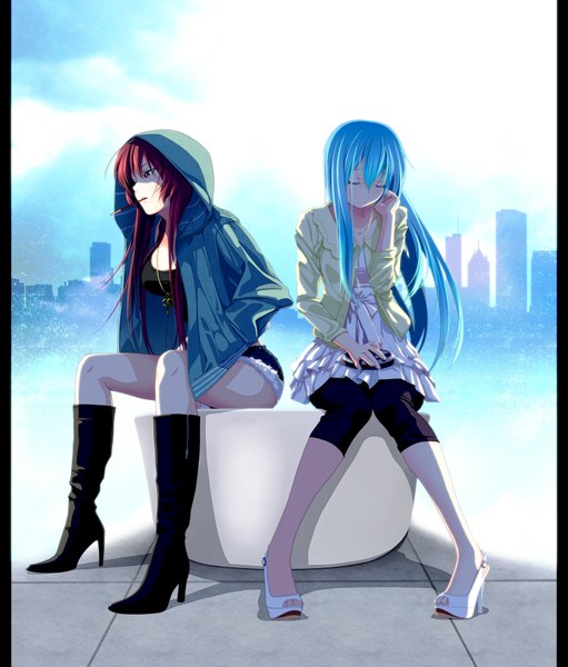 Anime picture 1448x1700 with mahou shoujo madoka magica shaft (studio) sakura kyouko miki sayaka tsukumo long hair tall image red eyes sitting multiple girls blue hair red hair eyes closed open clothes open jacket alternate age pillarboxed girl 2 girls boots