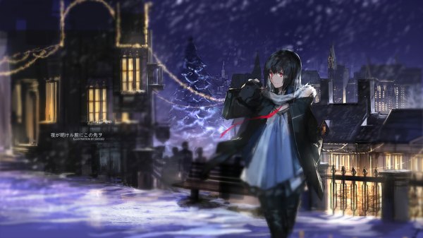 Anime picture 1134x638 with original paradise (character) swd3e2 single long hair looking at viewer black hair red eyes wide image wind blurry inscription depth of field wallpaper city hieroglyph light snowing christmas winter
