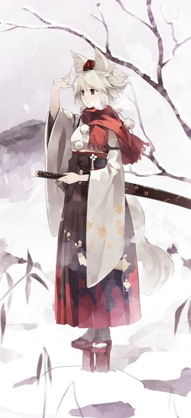 Anime picture 990x2162 with touhou inubashiri momiji shihou (g-o-s) single tall image short hair standing animal ears looking away full body white hair traditional clothes japanese clothes grey eyes snowing winter snow pale skin wolf ears girl