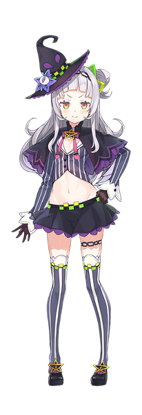 Anime picture 343x1000 with virtual youtuber hololive murasaki shion murasaki shion (1st costume) tam-u single long hair tall image looking at viewer fringe smile standing yellow eyes silver hair full body official art midriff hair bun (hair buns) hand on hip groin