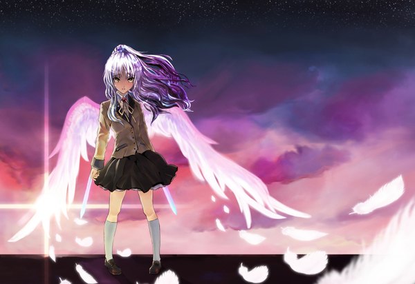 Anime picture 1600x1100 with angel beats! key (studio) tachibana kanade gond long hair yellow eyes sky purple hair cloud (clouds) girl uniform weapon school uniform sword wings feather (feathers)
