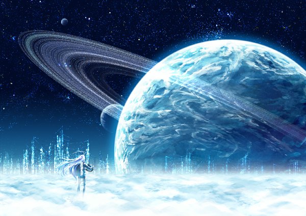 Anime picture 1105x781 with original konomi (el love) single long hair standing holding purple hair from behind city cityscape city lights space fog girl star (stars) helmet planet power lines