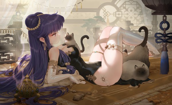 Anime picture 1500x918 with ranma 1/2 shampoo (ranma 1/2) hong yun ji single long hair fringe breasts light erotic red eyes wide image large breasts bare shoulders payot looking away cleavage purple hair full body bent knee (knees) indoors traditional clothes