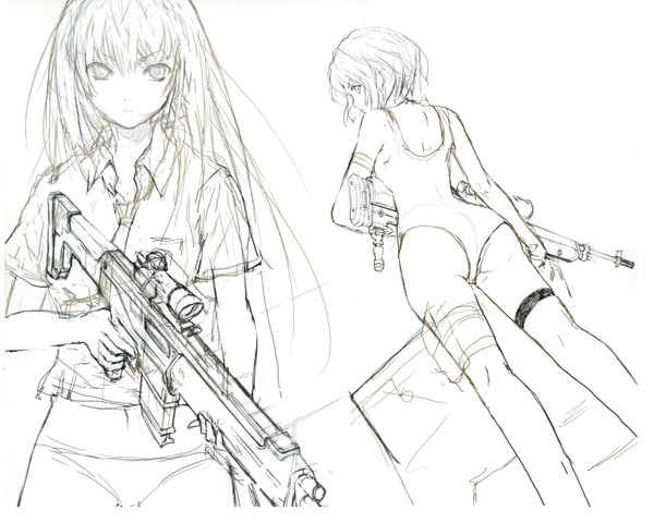 Anime picture 2000x1600 with fuyuno haruaki highres light erotic white background monochrome sketch underwear panties gun