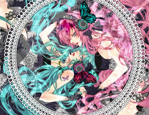 Anime picture 1024x790 with vocaloid magnet (vocaloid) hatsune miku megurine luka hina long hair bare shoulders multiple girls pink hair very long hair nail polish aqua eyes aqua hair tattoo hug holding hands insect wings butterfly wings girl dress