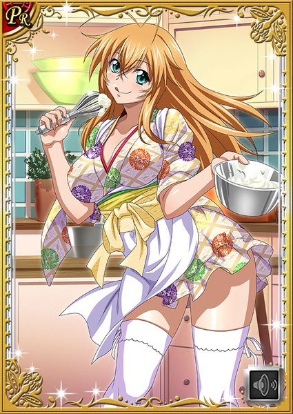 Anime picture 567x800 with ikkitousen sonsaku hakufu single long hair tall image blush fringe breasts blue eyes light erotic blonde hair hair between eyes large breasts standing holding ahoge indoors sparkle floral print card (medium)