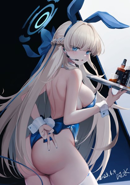 Anime picture 4198x6000 with blue archive toki (blue archive) toki (bunny) (blue archive) a shui single long hair tall image looking at viewer blush fringe highres breasts open mouth blue eyes light erotic blonde hair large breasts holding signed animal ears