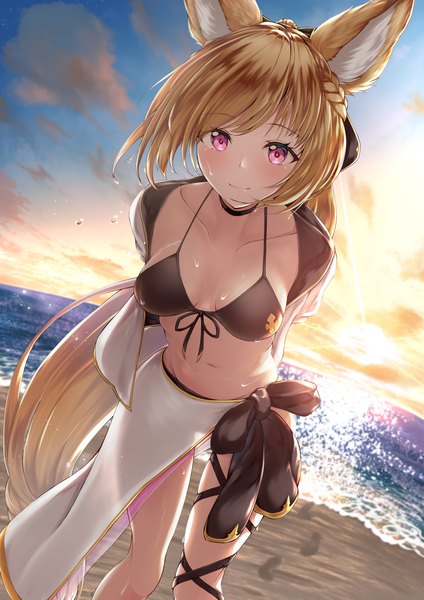 Anime-Bild 1190x1684 mit granblue fantasy yuisis (granblue fantasy) hisei single tall image looking at viewer blush breasts light erotic blonde hair smile animal ears sky outdoors very long hair pink eyes leaning leaning forward beach evening