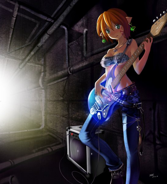 Anime picture 1400x1539 with original beek (artist) single tall image blush short hair green eyes pointy ears orange hair tattoo girl earrings musical instrument guitar jeans locket
