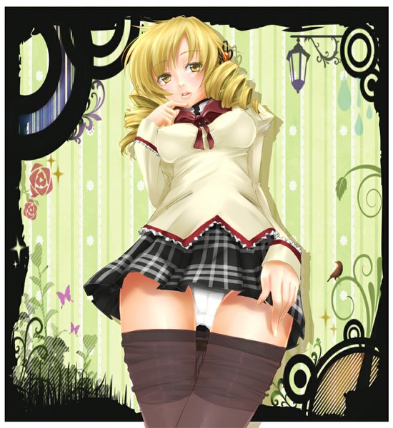 Anime picture 1000x1091 with mahou shoujo madoka magica shaft (studio) tomoe mami masami chie long hair tall image looking at viewer fringe breasts light erotic blonde hair twintails yellow eyes drill hair finger to mouth thighhighs uniform hair ornament underwear panties