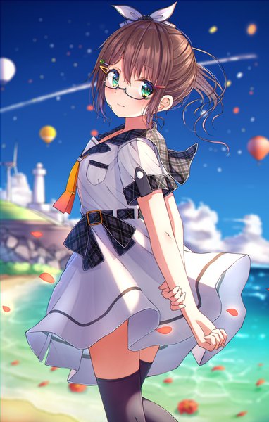 Anime picture 1400x2200 with original yumesaki emiko n2 (yf33) single long hair tall image looking at viewer brown hair standing green eyes looking back side ponytail sailor collar holding arm girl thighhighs black thighhighs glasses sea bobby pin