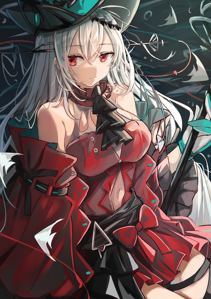 Anime picture 1030x1459 with arknights skadi (arknights) skadi the corrupting heart (arknights) venn (vebonbon) single long hair tall image looking at viewer fringe hair between eyes red eyes silver hair official alternate costume shaded face center opening girl dress gloves bow hat