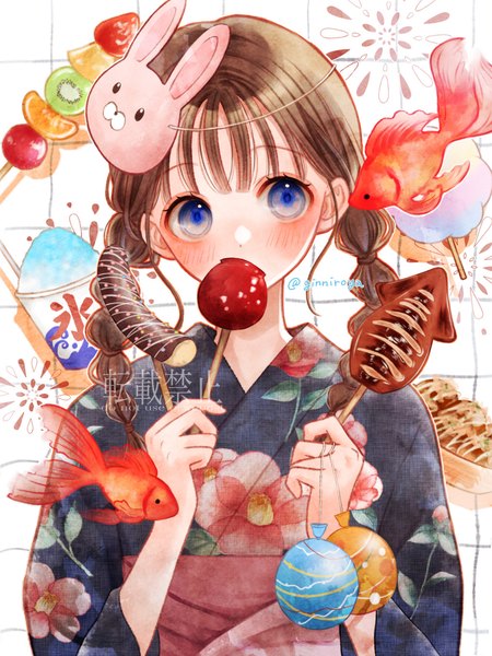 Anime picture 1020x1360 with original ginniroya single long hair tall image blush signed upper body braid (braids) traditional clothes japanese clothes twitter username twin braids floral print eating mask on head festival girl animal food