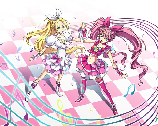 Anime picture 1100x882 with precure suite precure toei animation houjou hibiki minamino kanade cure melody cure rhythm luko long hair blue eyes blonde hair twintails multiple girls green eyes pink hair holding hands checkered floor music treble clef girl